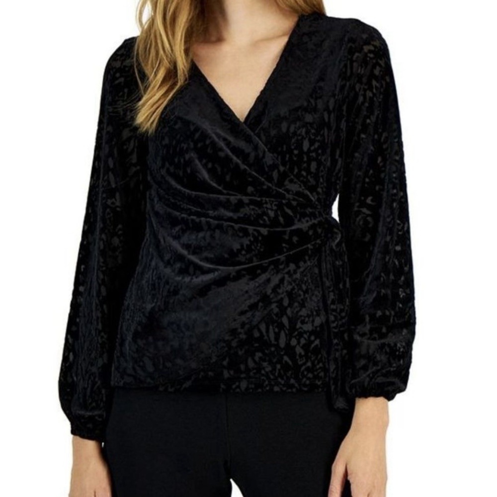 Alfani Wrap Top Blouse Women's Small Velvet Burnout Surplice Black New